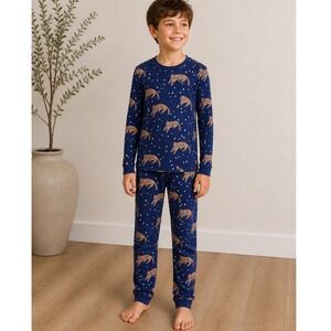 Tea Collection Youth Pajamas Size 12 Blue Tiger Star Print 2 Piece Cotton Set